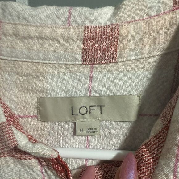 Loft Women Cuff Short Sleeve Plaid Seersucker Oversize Blouse Pink/White Medium - Picture 5 of 7